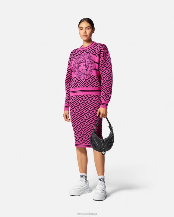 fuksija apģērbs Versace 806B180 sievietes la greca žakarda midi svārki