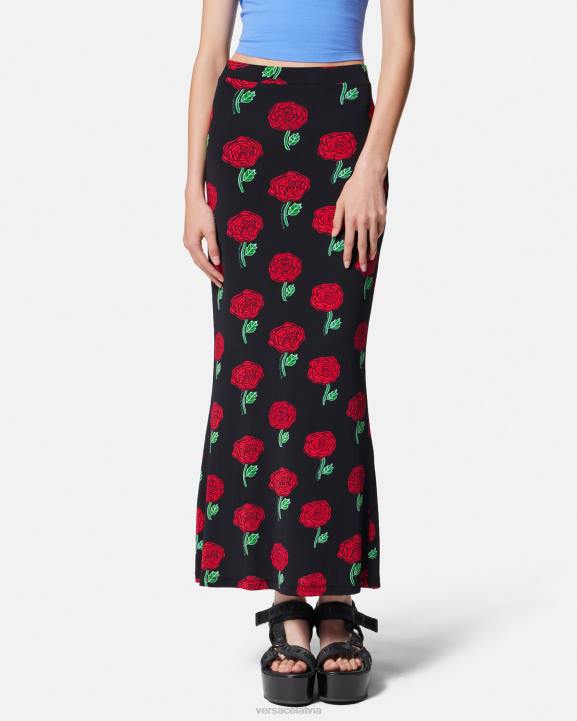 melns apģērbs Versace 806B2180 sievietes rozes midi svārki