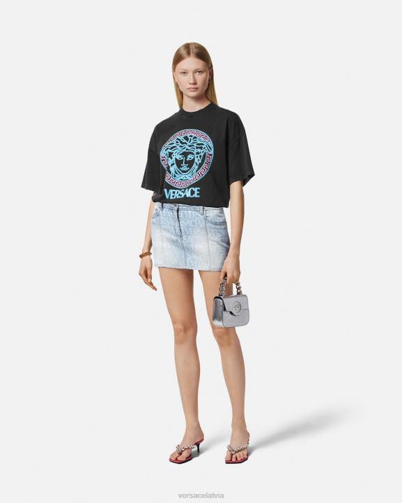 melns apģērbs Versace 806B134 sievietes medusa logotipa nomocīts t-krekls
