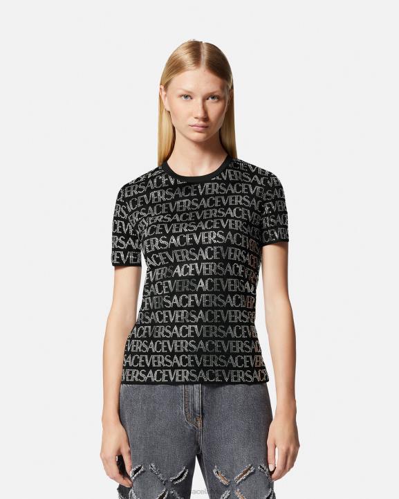 melns apģērbs Versace 806B147 sievietes kristāla allover t-krekls