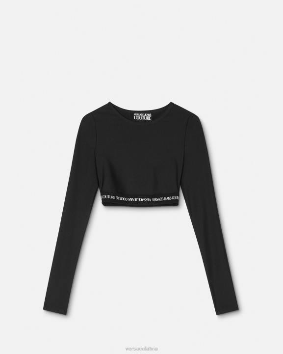 melns apģērbs Versace 806B2153 sievietes logo crop t-krekls ar garām piedurknēm