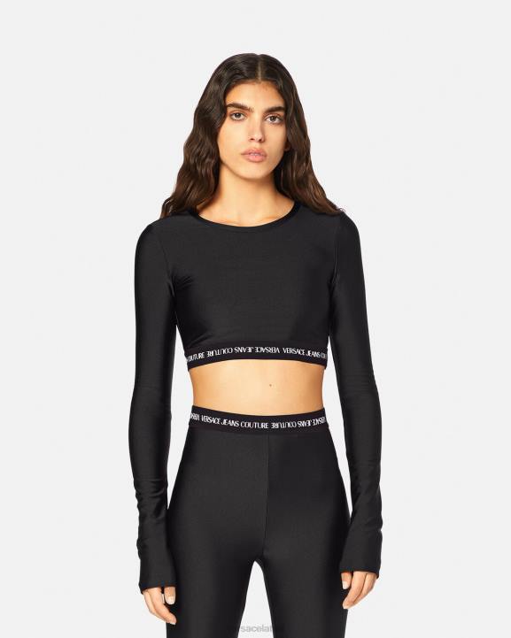 melns apģērbs Versace 806B2153 sievietes logo crop t-krekls ar garām piedurknēm