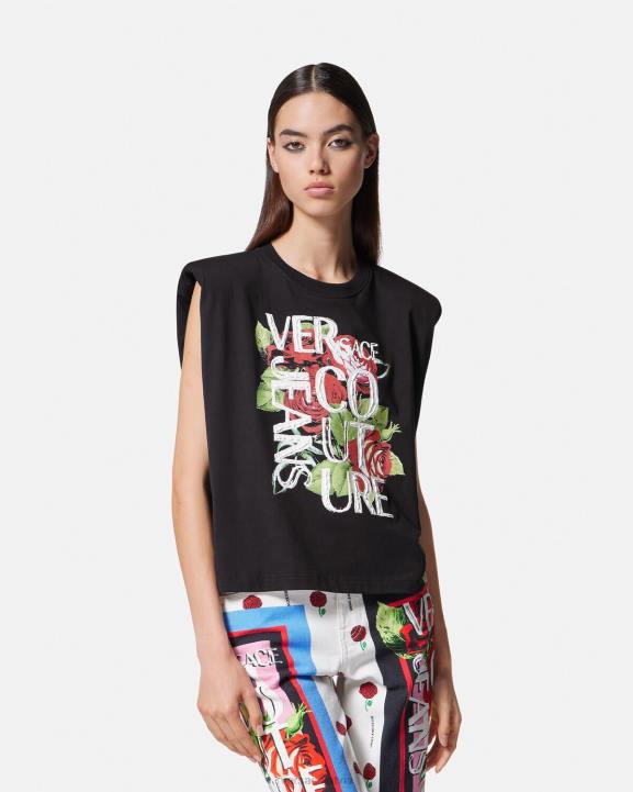 melns apģērbs Versace 806B2174 sievietes T-krekls ar rozes logotipu