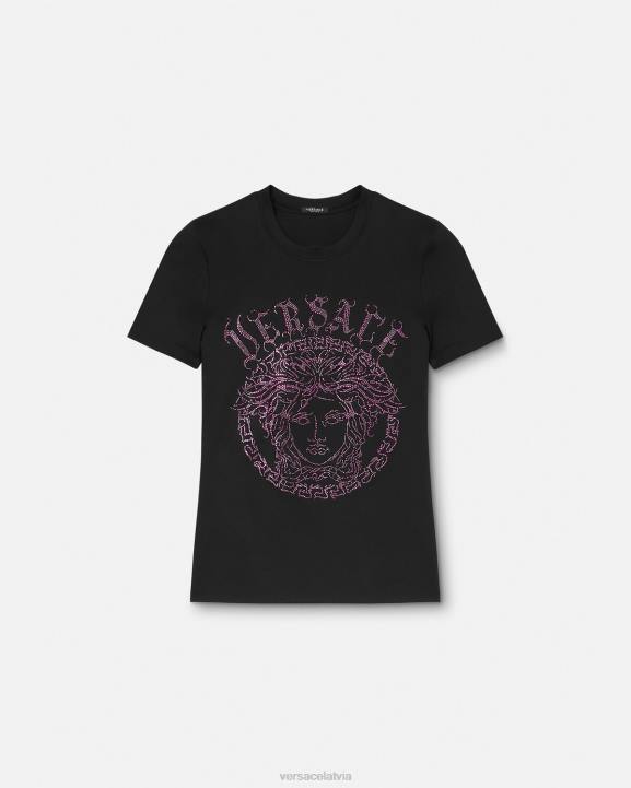 melns un rozā apģērbs Versace 806B153 sievietes kristāla medūzas t-krekls ar logotipu