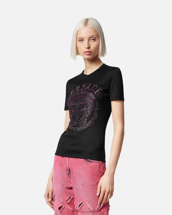 melns un rozā apģērbs Versace 806B153 sievietes kristāla medūzas t-krekls ar logotipu