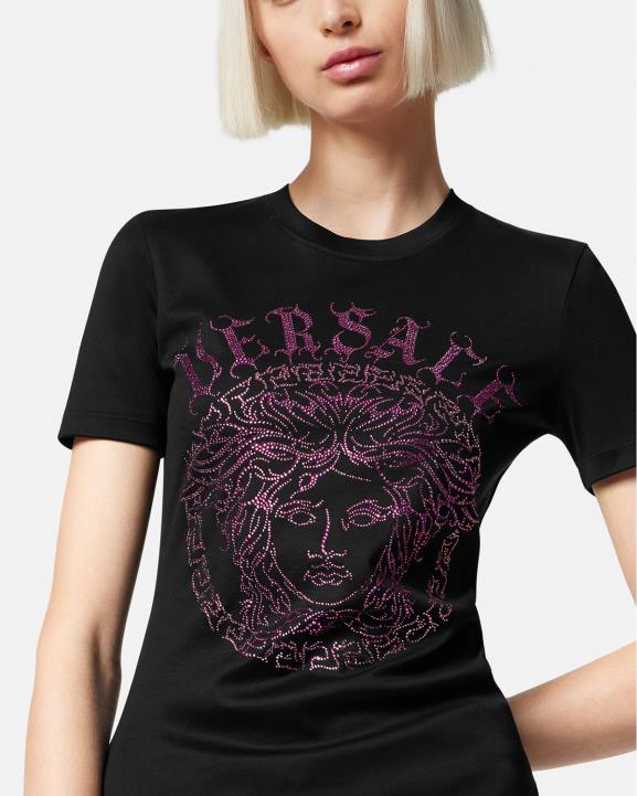 melns un rozā apģērbs Versace 806B153 sievietes kristāla medūzas t-krekls ar logotipu
