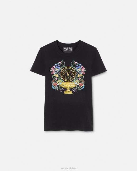 melns & zelts apģērbs Versace 806B2231 sievietes V-emblēmas dārza t-krekls