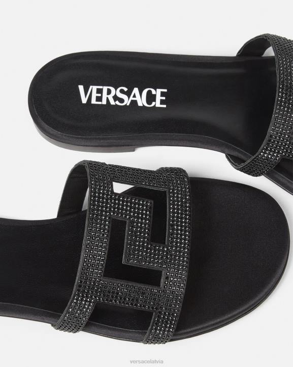 melns kurpes Versace 806B472 sievietes greca labirints kristāla plakanas sandales