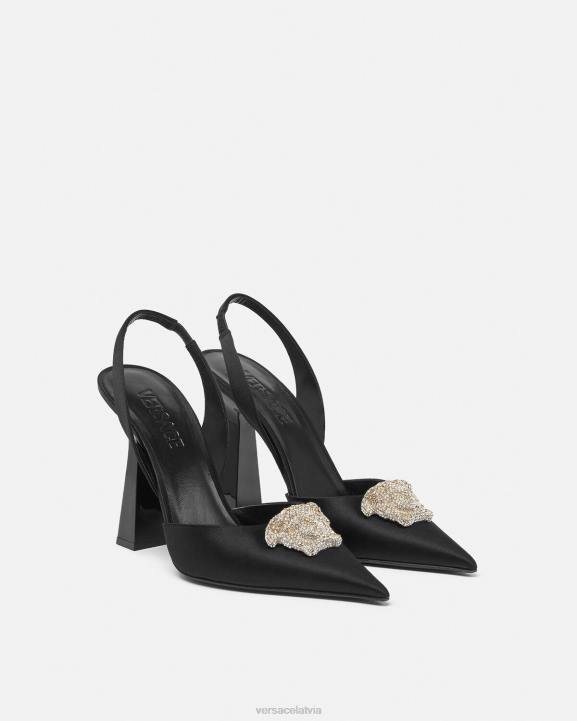 melns kurpes Versace 806B486 sievietes crystal la medusa satin sling-back sūkņi