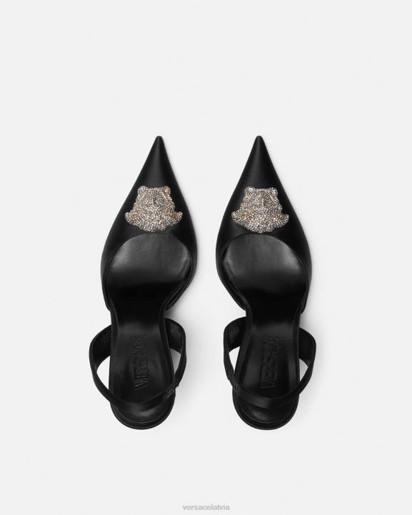 melns kurpes Versace 806B486 sievietes crystal la medusa satin sling-back sūkņi