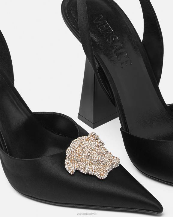 melns kurpes Versace 806B486 sievietes crystal la medusa satin sling-back sūkņi