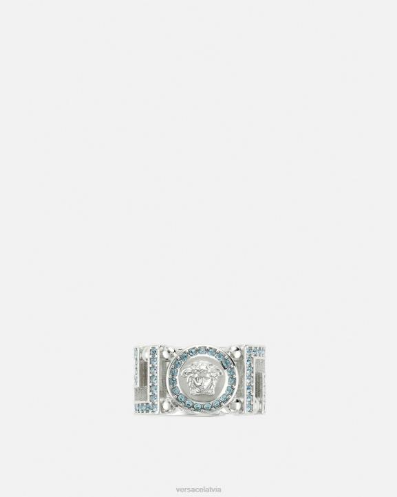 gaiši zils un metālisks Piederumi Versace 806B723 sievietes kristāla medūzas greca gredzens