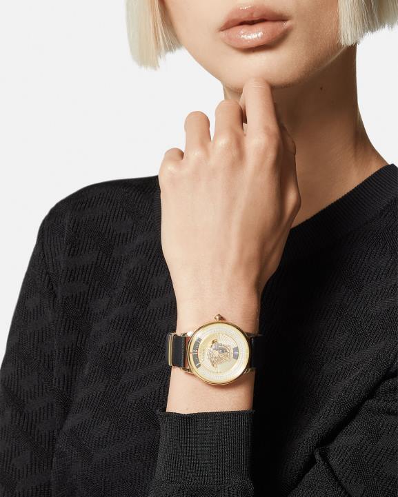 melns & zelts Piederumi Versace 806B963 sievietes medusa ikonas dimanta pulkstenis