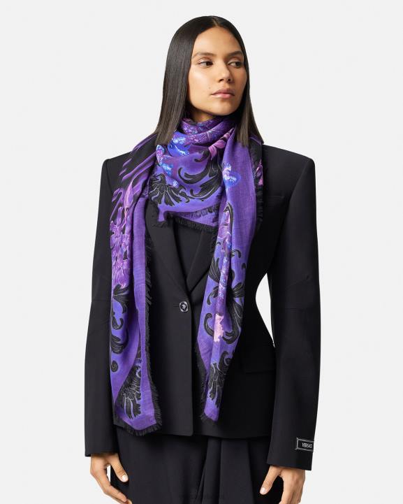 violeta un apdruka Piederumi Versace 806B924 sievietes orhideju barocco vilnas maisījuma šalle