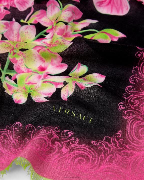 melns un apdrukāts Piederumi Versace 806B931 sievietes medusa orchid zīda šalle