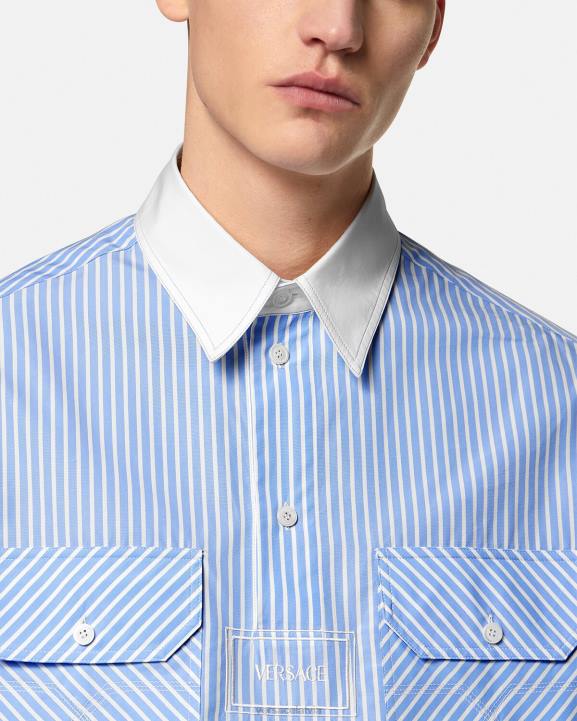 gaiši zils apģērbs Versace 806B1295 vīriešiem svītrains logo krekls