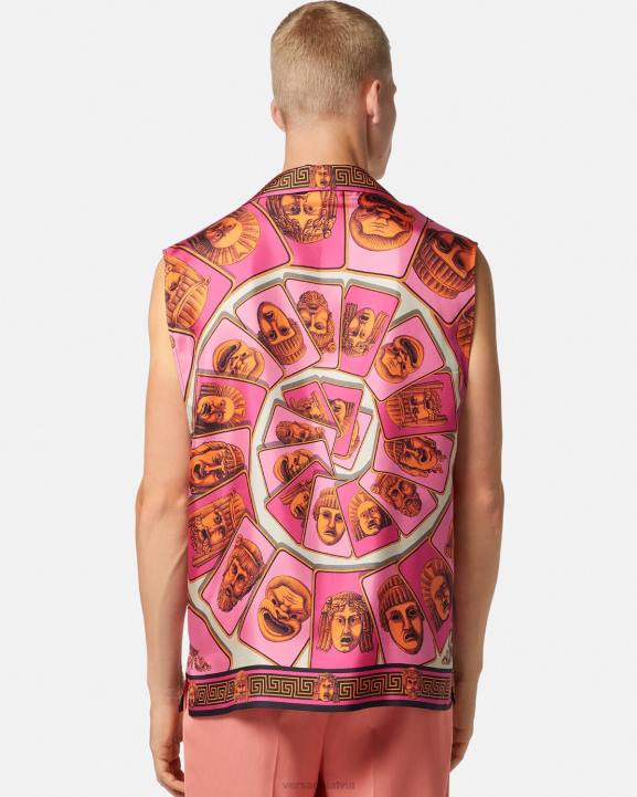 rozā un apdruka apģērbs Versace 806B1304 vīriešiem le maschere zīda krekls bez piedurknēm