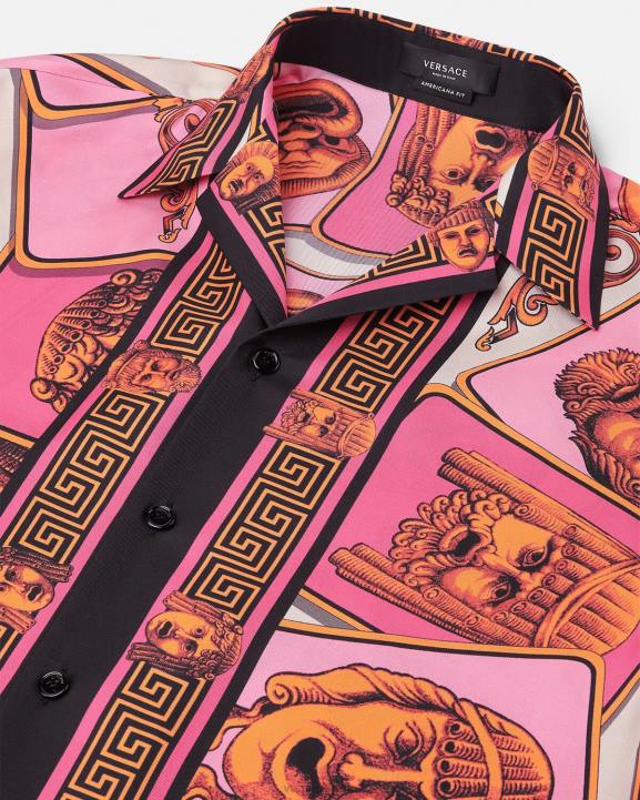 rozā un apdruka apģērbs Versace 806B1307 vīriešiem le maschere zīda krekls