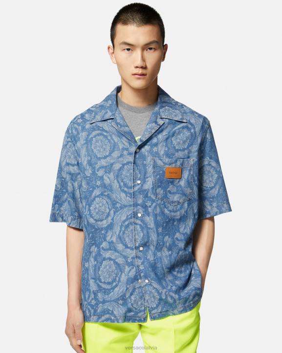 zils un apdrukāts apģērbs Versace 806B1298 vīriešiem baroka silueta džinsa krekls