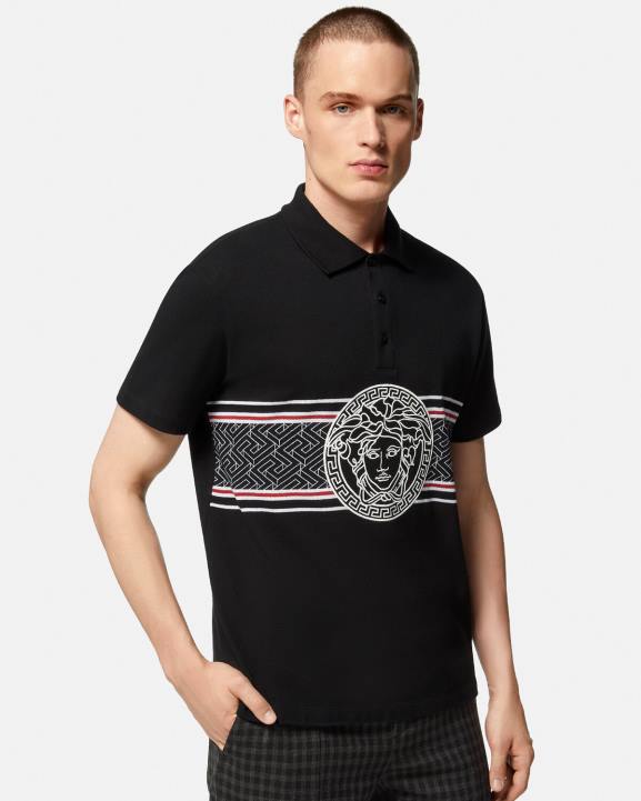 melns apģērbs Versace 806B1395 vīriešiem Medusa izšūts polo krekls