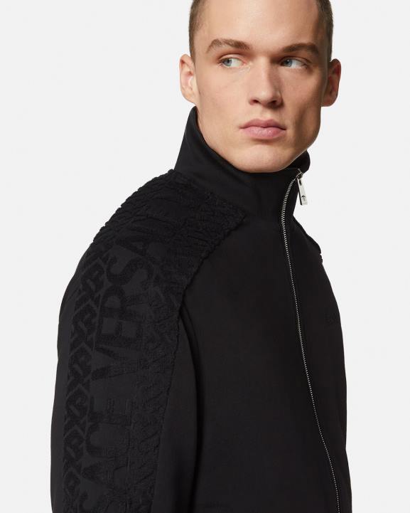 melns apģērbs Versace 806B1427 vīriešiem frotē džemperis ar rāvējslēdzēju ar logotipu
