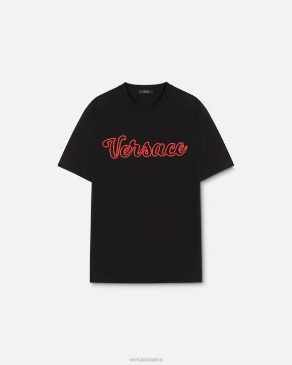 melns apģērbs Versace 806B1404 vīriešiem izšūts augstskolas logo t-krekls