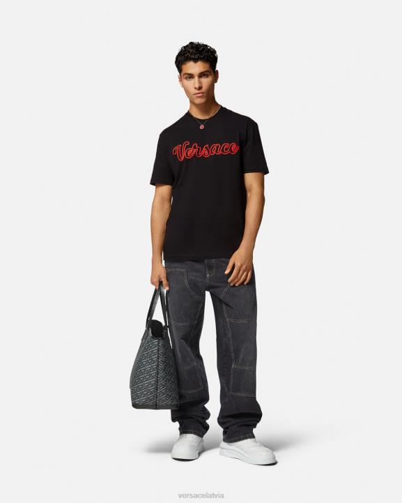 melns apģērbs Versace 806B1404 vīriešiem izšūts augstskolas logo t-krekls