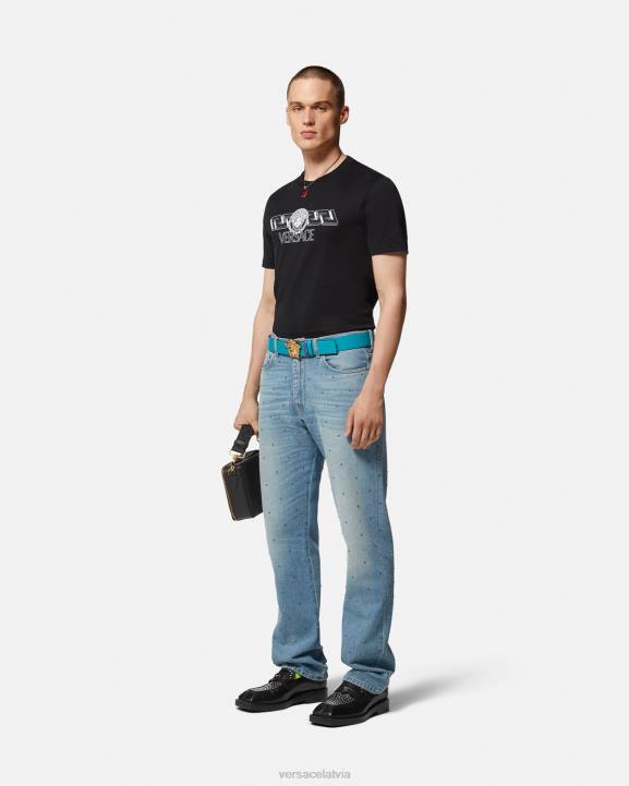 melns apģērbs Versace 806B1409 vīriešiem la greca logo t-krekls