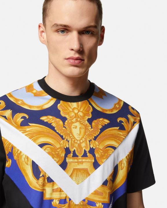 zils un zelts apģērbs Versace 806B1393 vīriešiem barocco 660 t-krekls