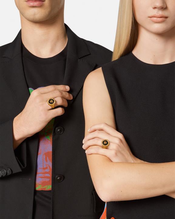 melns & zelts Piederumi Versace 806B1692 vīriešiem emaljas medūzas gredzens